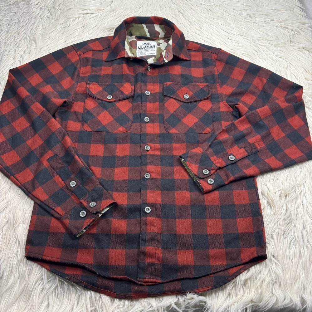 Zero Foxtrot Men's S Red Black Buffalo Plaid Flannel Shirt Camo Trim Biker Moto